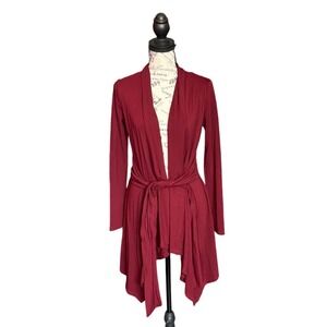 XT Burgundy Tie Front Sharkbite Hem Open Cardigan Long Sleeve Size Large XT1044P